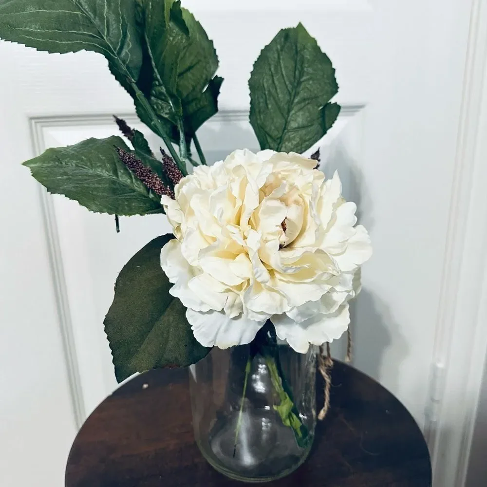 Silk Peony Floral Glass Mason Jar Vase Rustic Decor